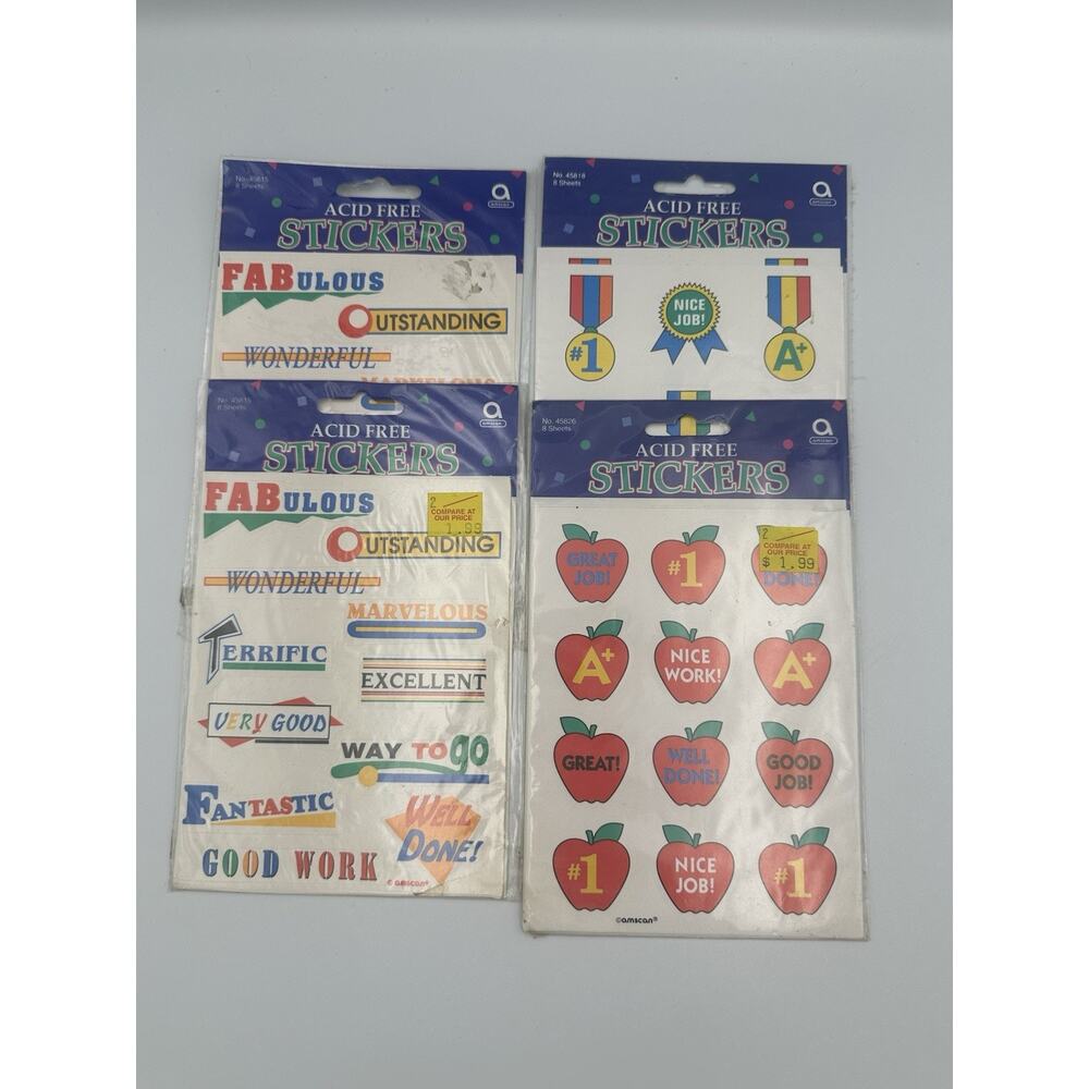 Vintage Amscan Teacher Reward Stickers Lot 4 Packs 90s Acid Free #1 Apple NOS